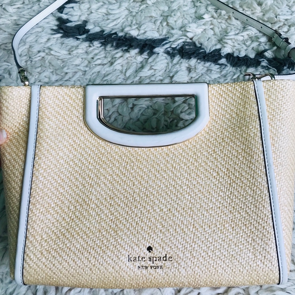 kate spade Cream Straw Shoulder Bag with White Trim